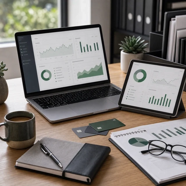 Notebook e tablet exibindo painel consolidado de contas, cartões e investimentos.