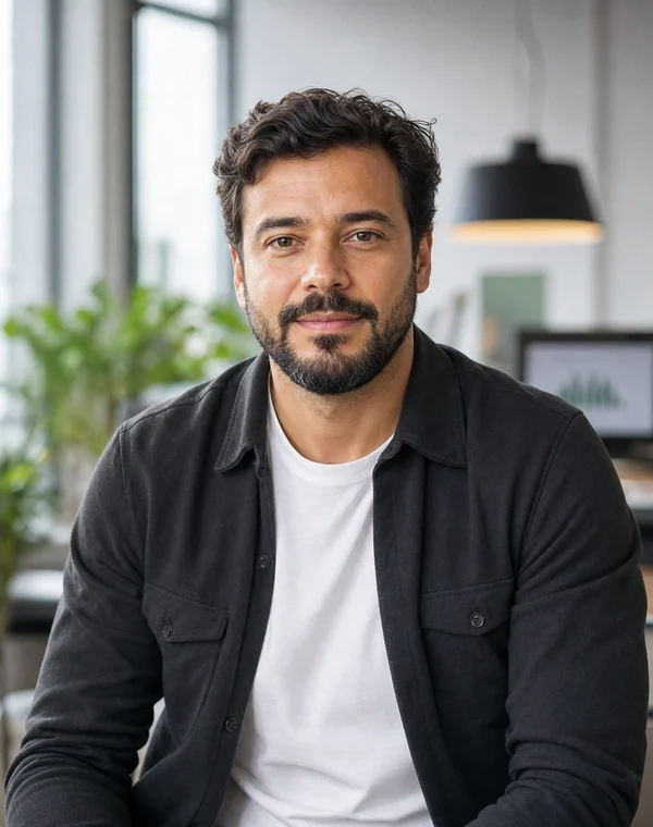 Retrato profissional de Rafael Nogueira, head de marketing da plataforma financeira.